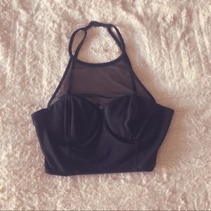 Black Halter crop top with mesh and zipper back